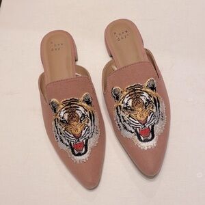 Tan mules handcrafted with tiger patches